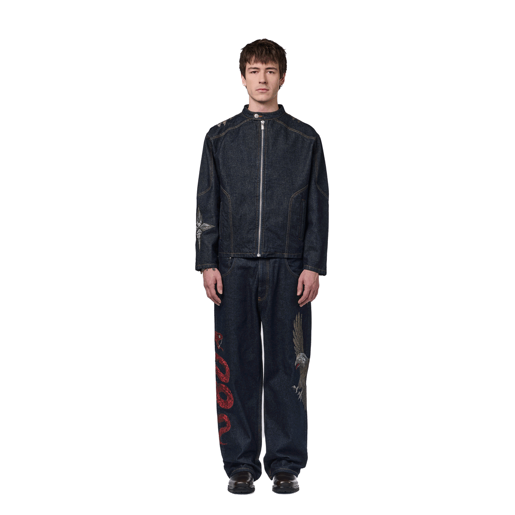 "hellboy" indigo raw denim Biker jacket
