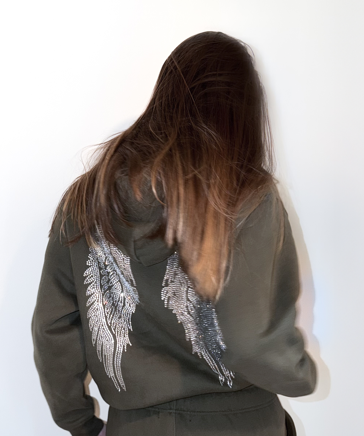 HOODIE VERT OLIVE ANGEL STRASS