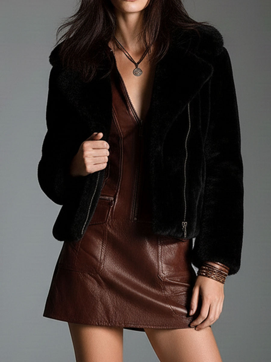 Chocolate Brown Eco Leather Zip Front Mini Dress With Utility Pockets