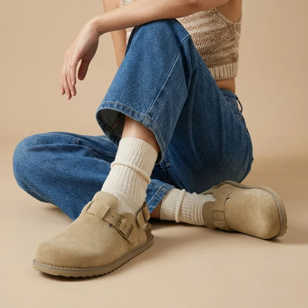 Retro Suede Double-Buckle Slip-On Sandals