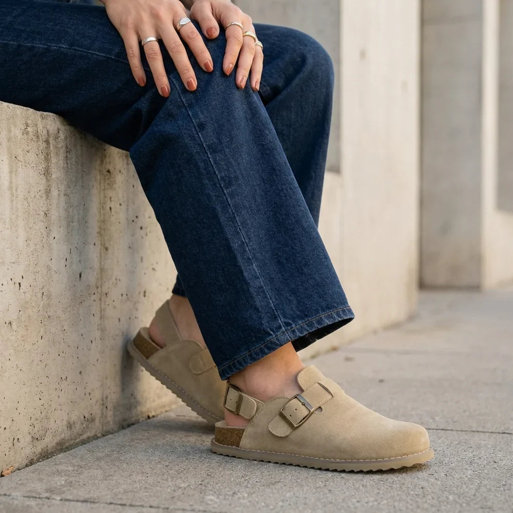 Retro Suede Double-Buckle Slip-On Sandals