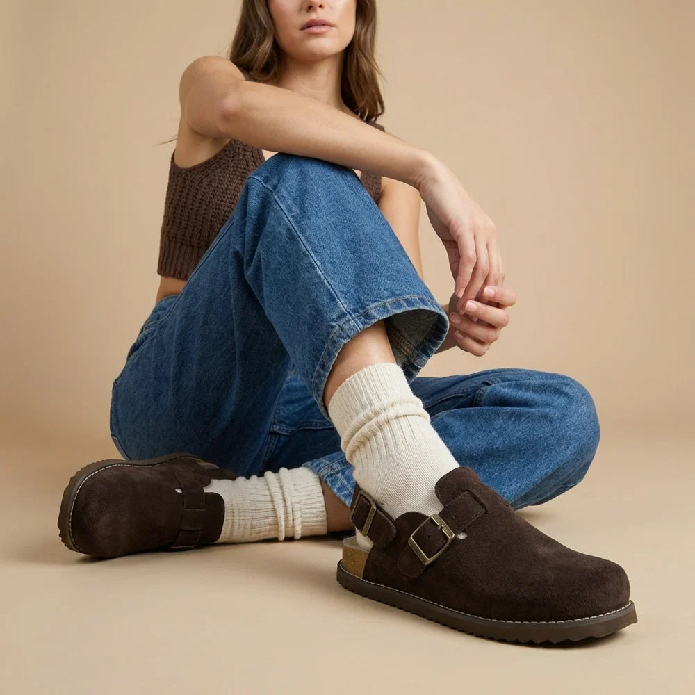 Retro Suede Double-Buckle Slip-On Sandals