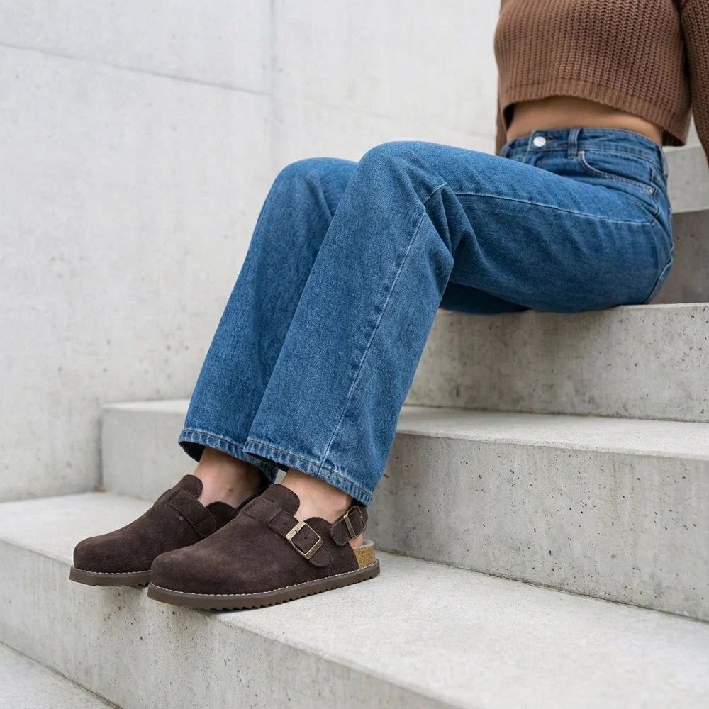 Retro Suede Double-Buckle Slip-On Sandals