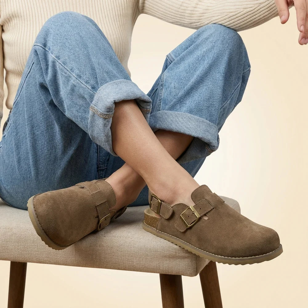 Retro Suede Double-Buckle Slip-On Sandals