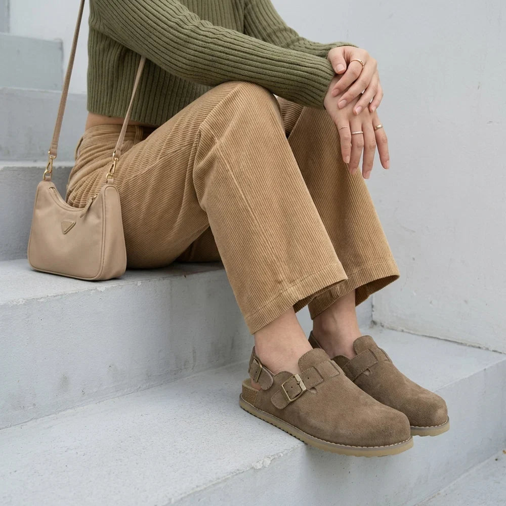 Retro Suede Double-Buckle Slip-On Sandals