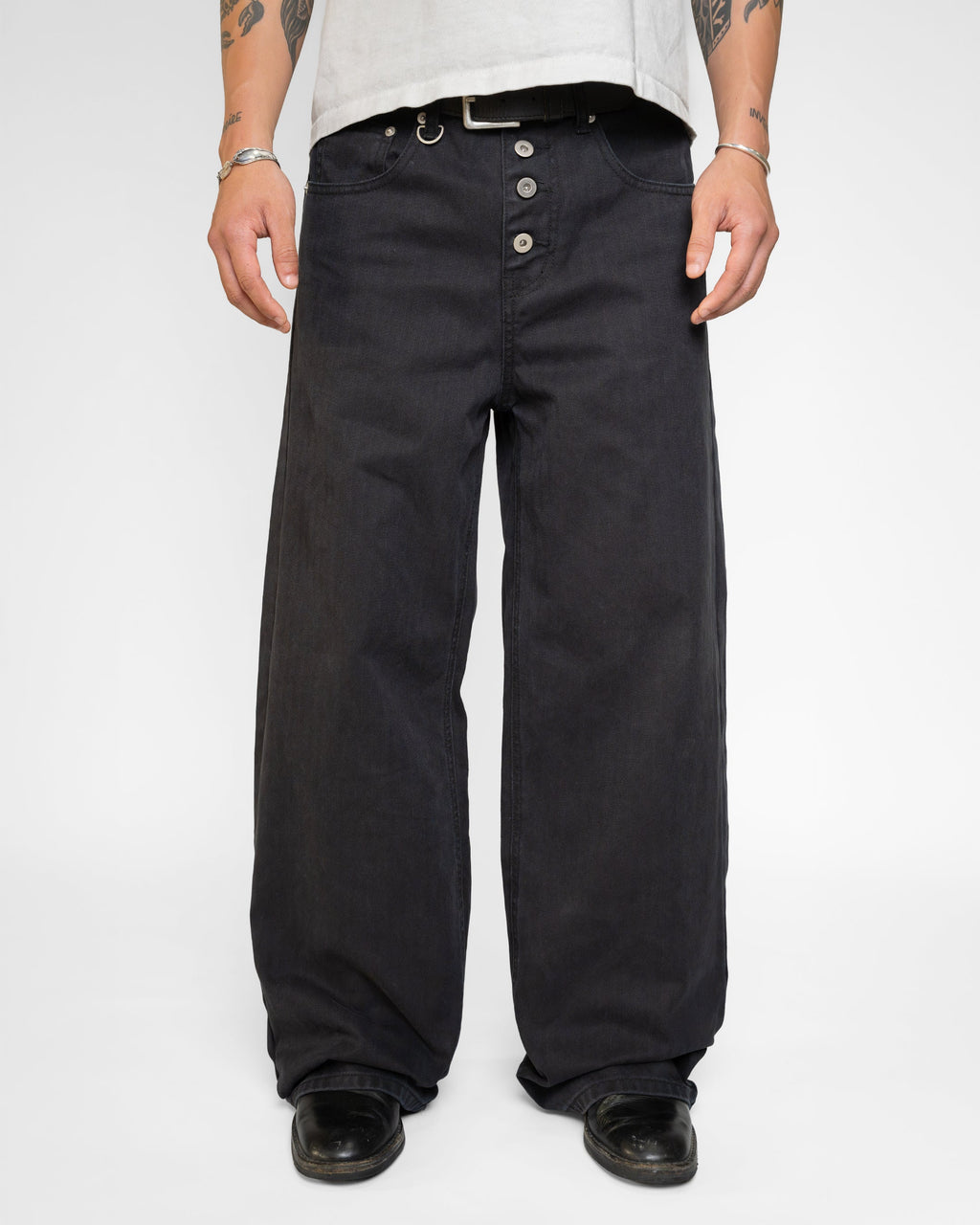 BLACK WASHED HERRINGBONE TWILL PANTS