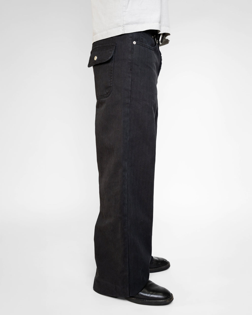 BLACK WASHED HERRINGBONE TWILL PANTS