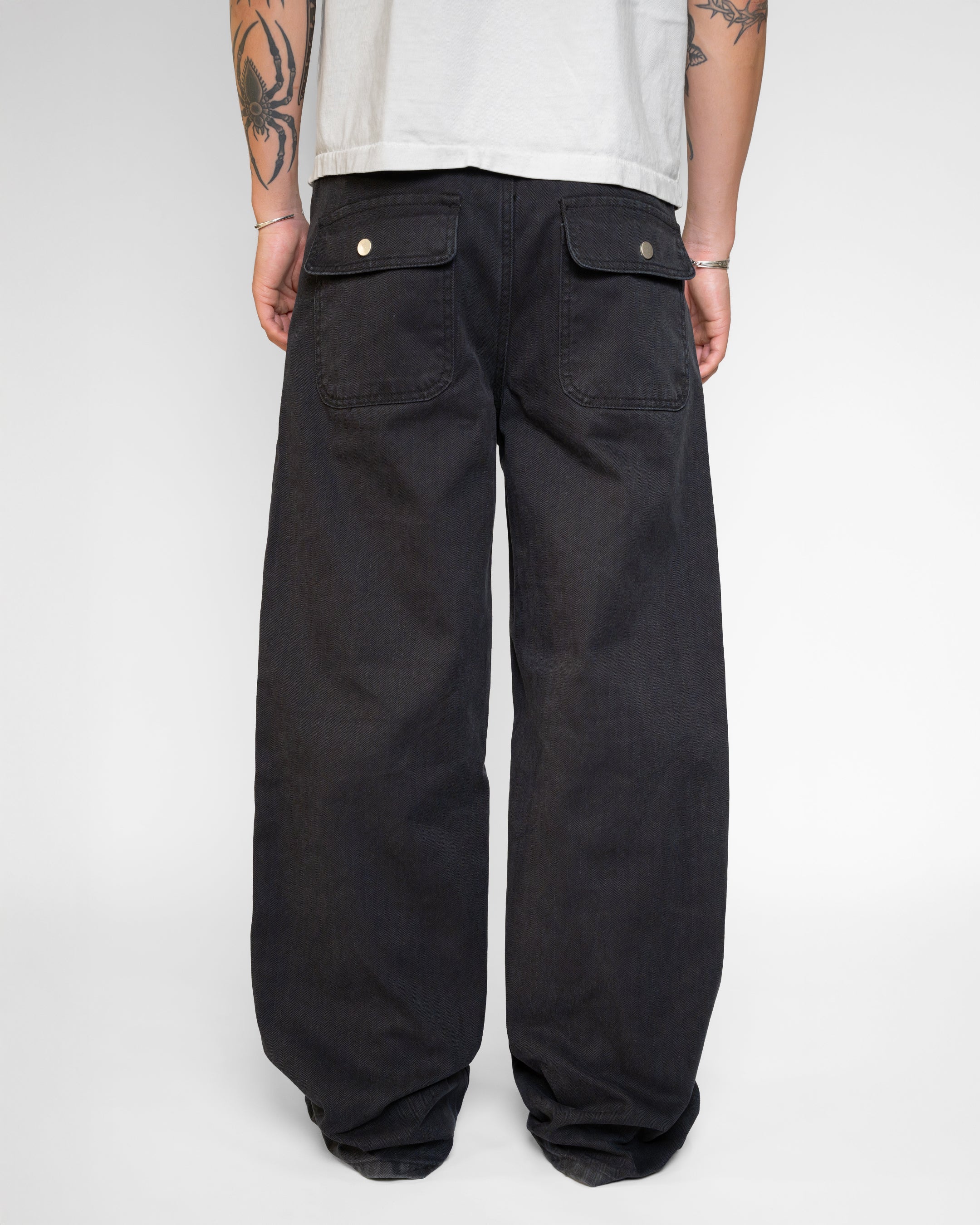 BLACK WASHED HERRINGBONE TWILL PANTS