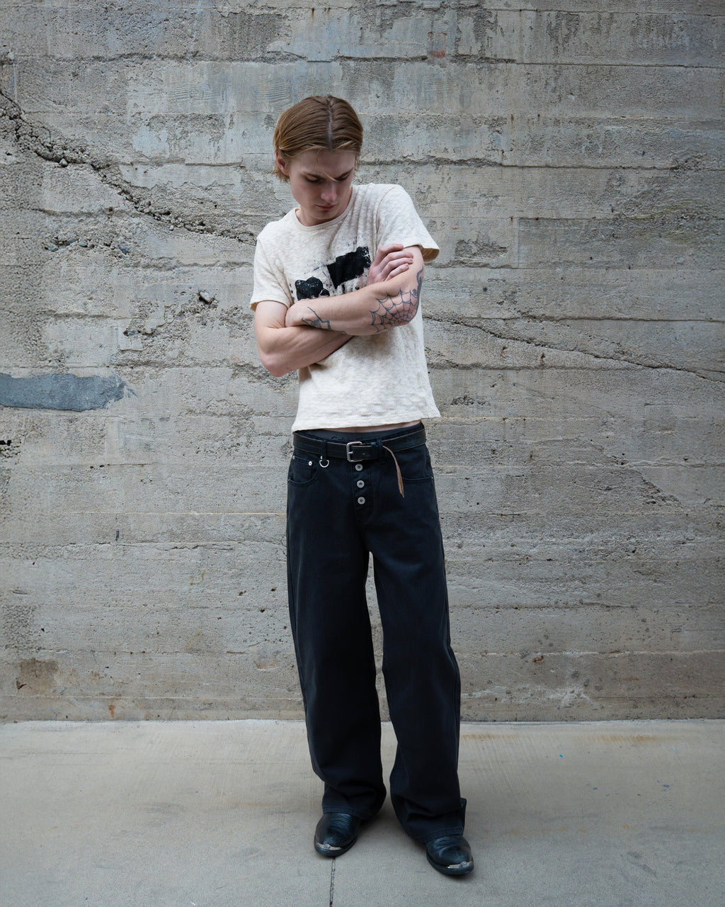 BLACK WASHED HERRINGBONE TWILL PANTS