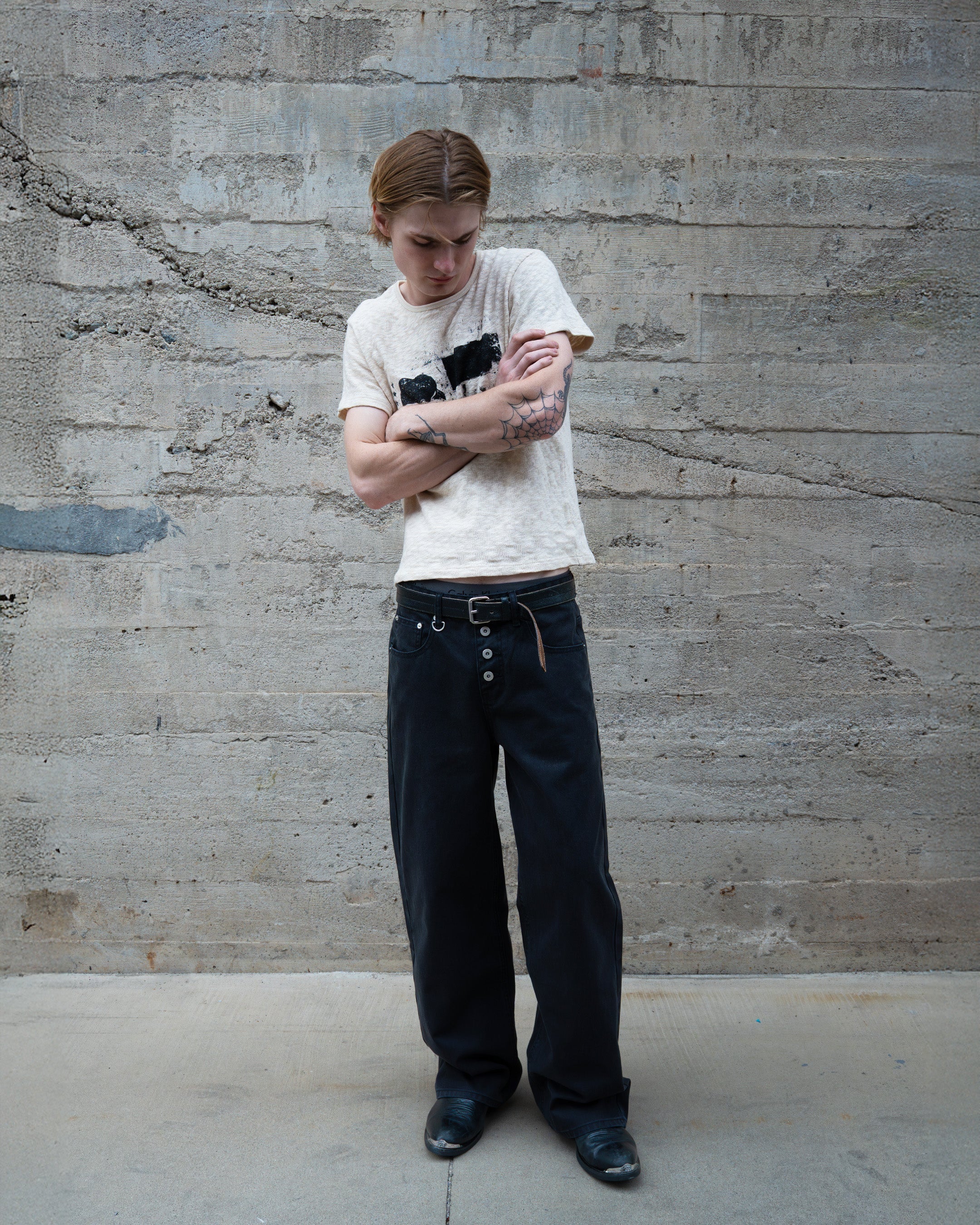 BLACK WASHED HERRINGBONE TWILL PANTS