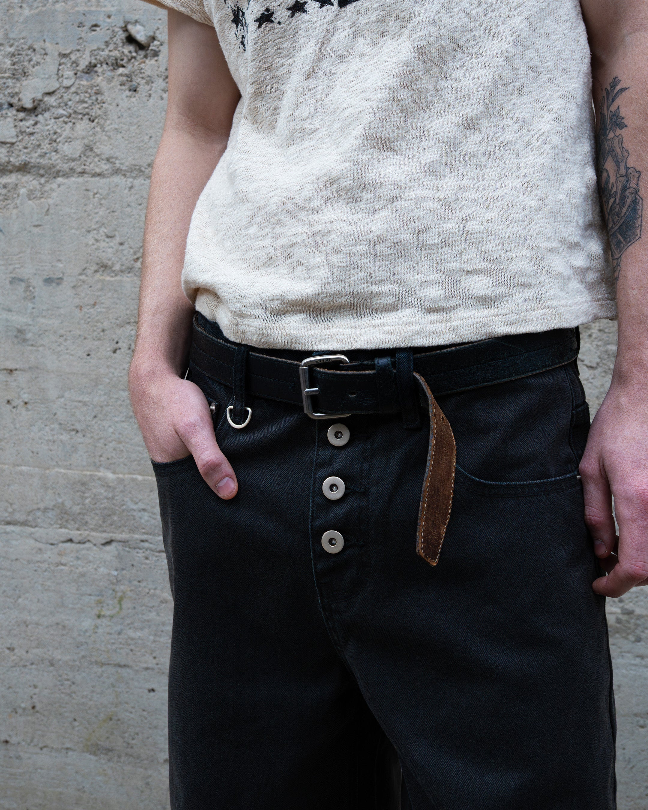 BLACK WASHED HERRINGBONE TWILL PANTS