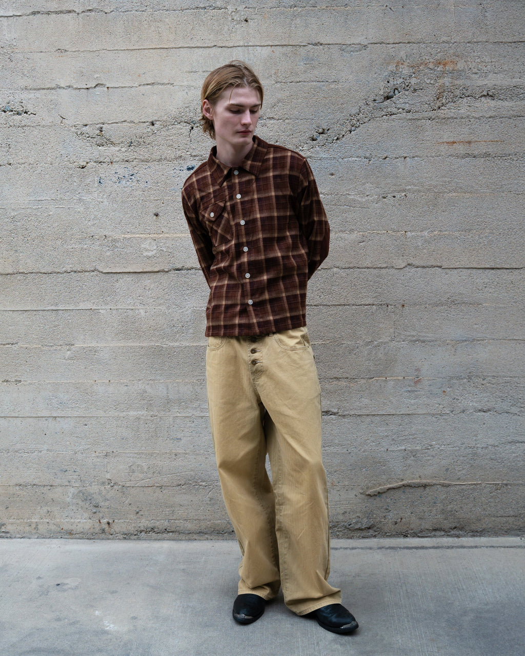 BEIGE WASHED HERRINGBONE TWILL PANTS