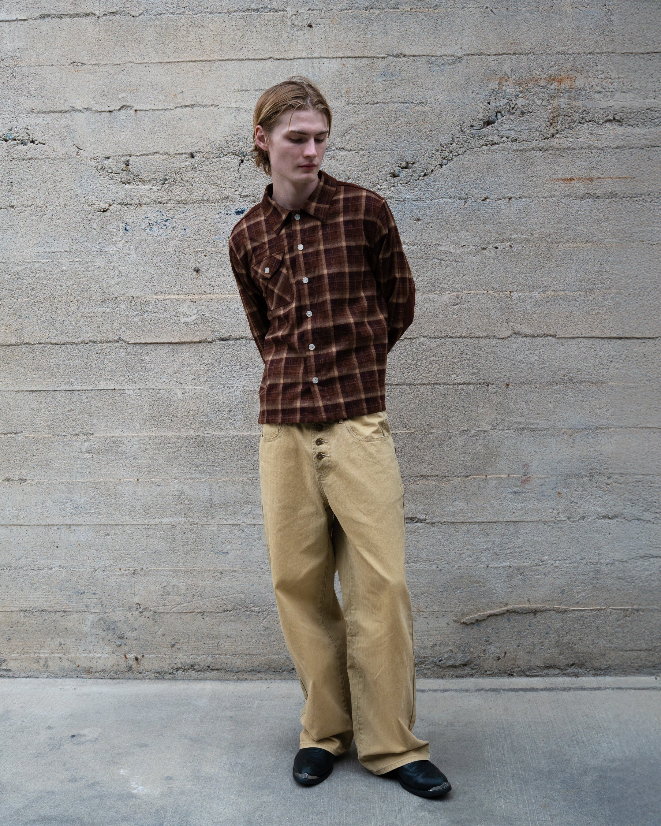 BEIGE WASHED HERRINGBONE TWILL PANTS