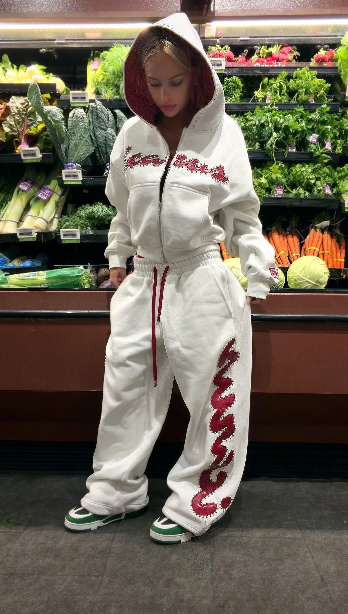 Red Crocodile Studded Sweatpants