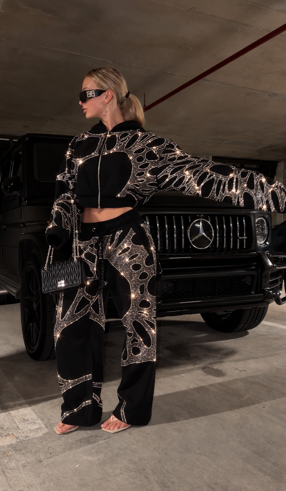 Ascent Black Rhinestone Cropped Hoodie