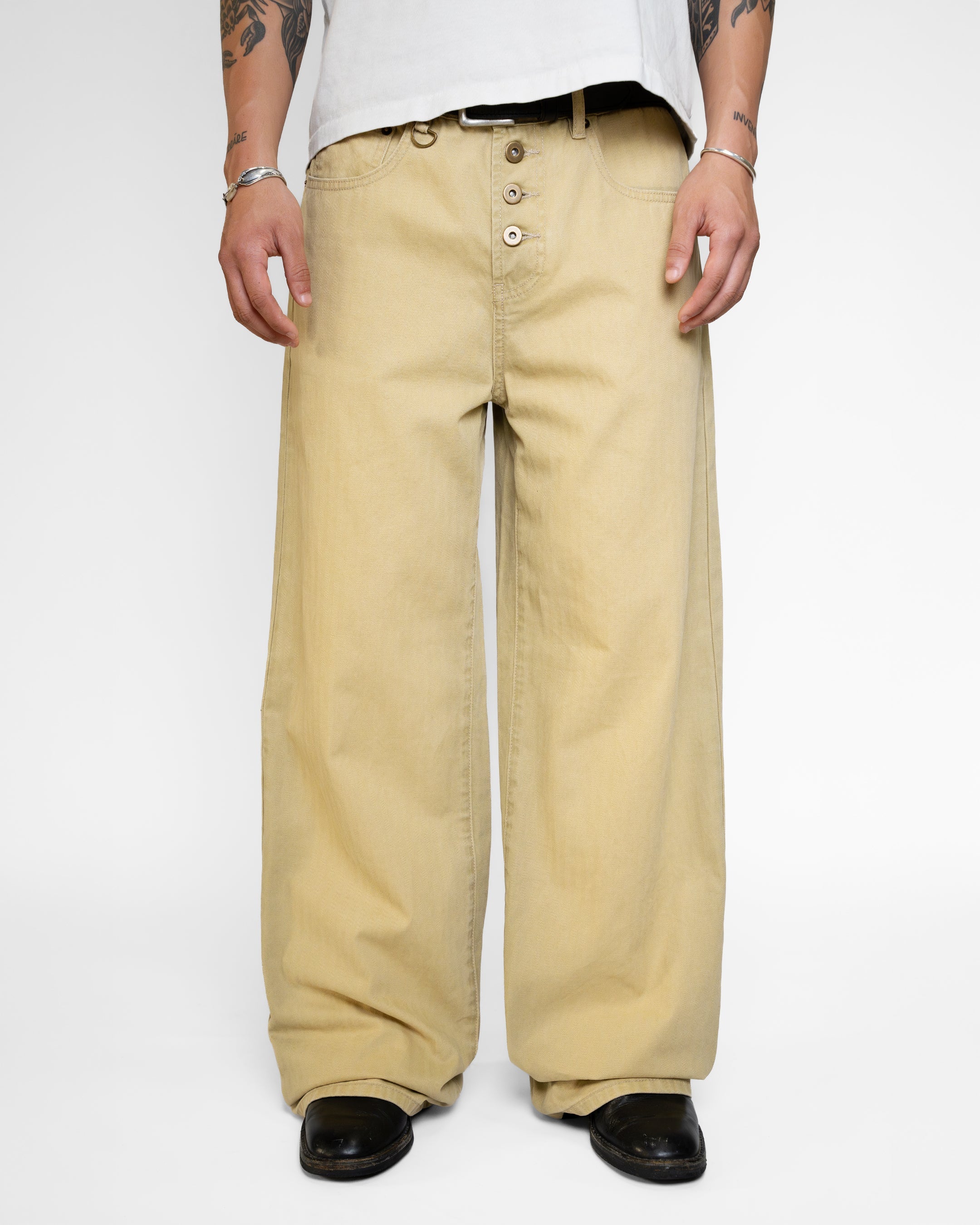 BEIGE WASHED HERRINGBONE TWILL PANTS