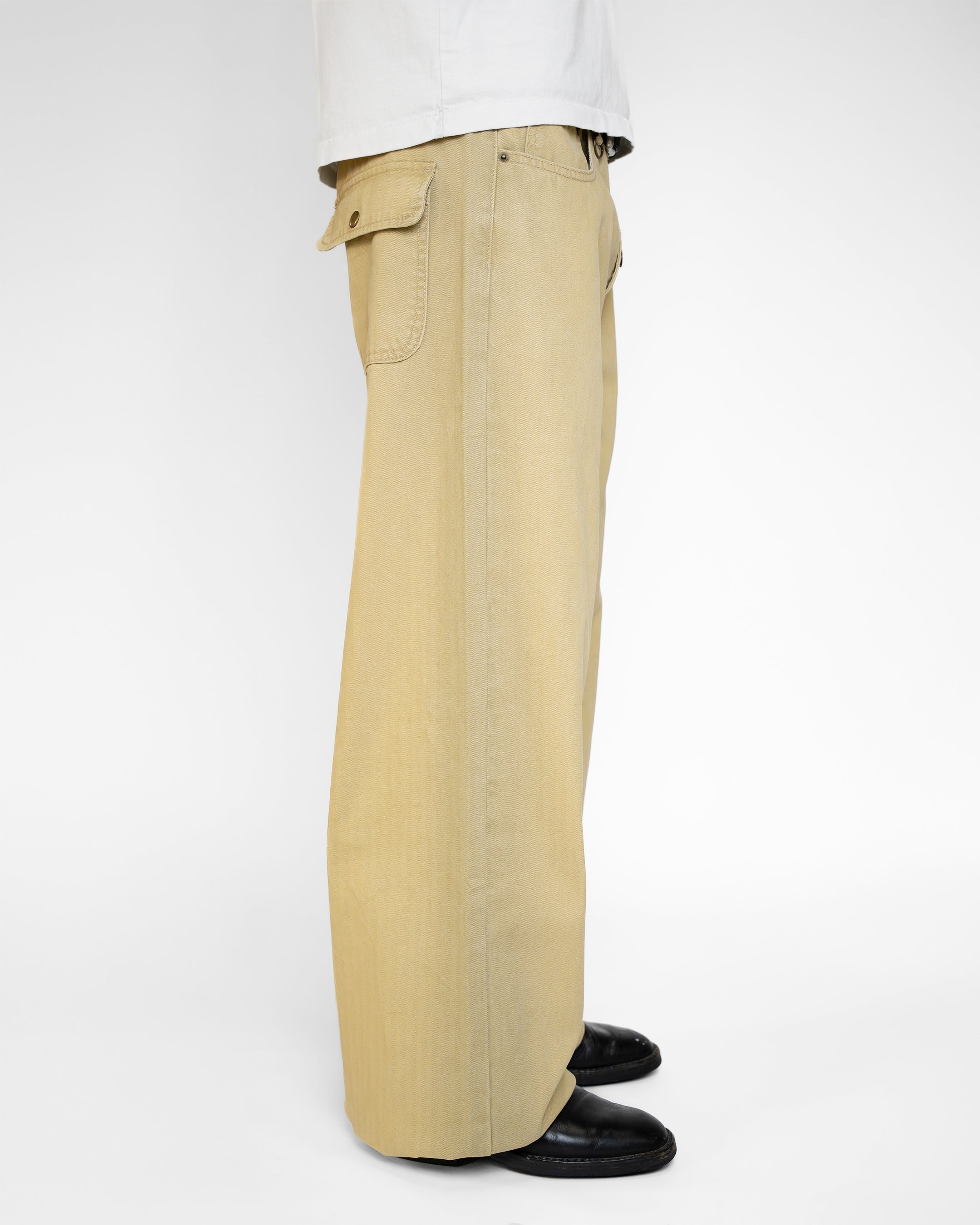 BEIGE WASHED HERRINGBONE TWILL PANTS