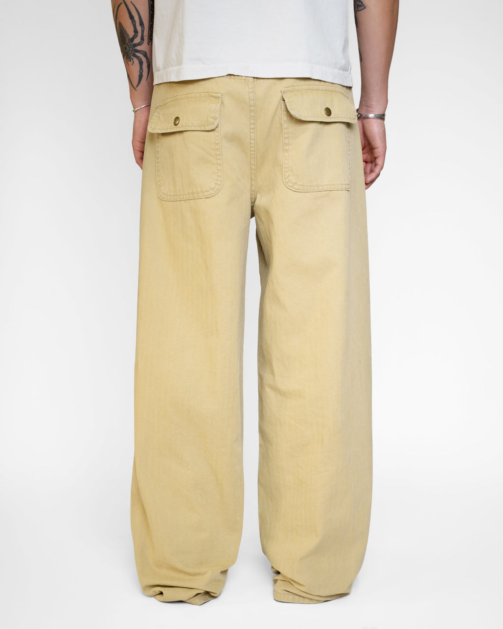BEIGE WASHED HERRINGBONE TWILL PANTS