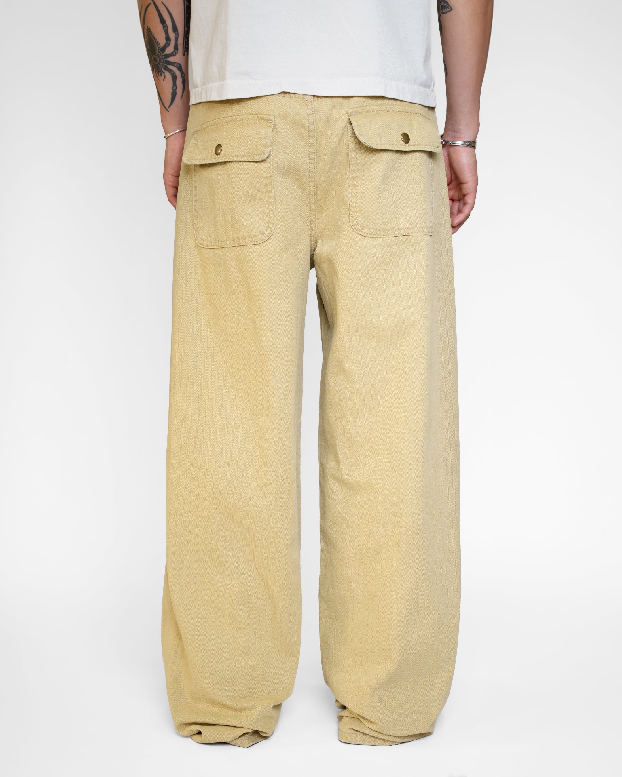 BEIGE WASHED HERRINGBONE TWILL PANTS