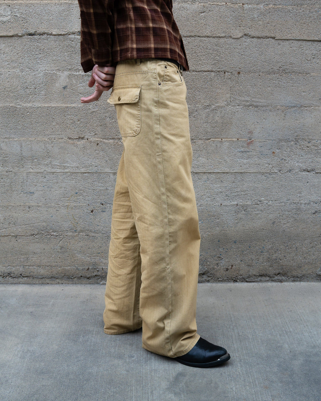 BEIGE WASHED HERRINGBONE TWILL PANTS