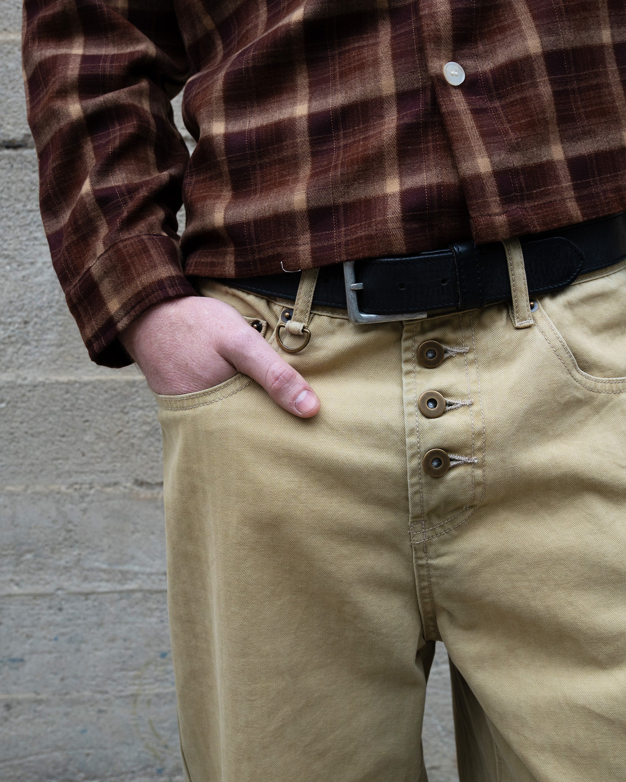 BEIGE WASHED HERRINGBONE TWILL PANTS