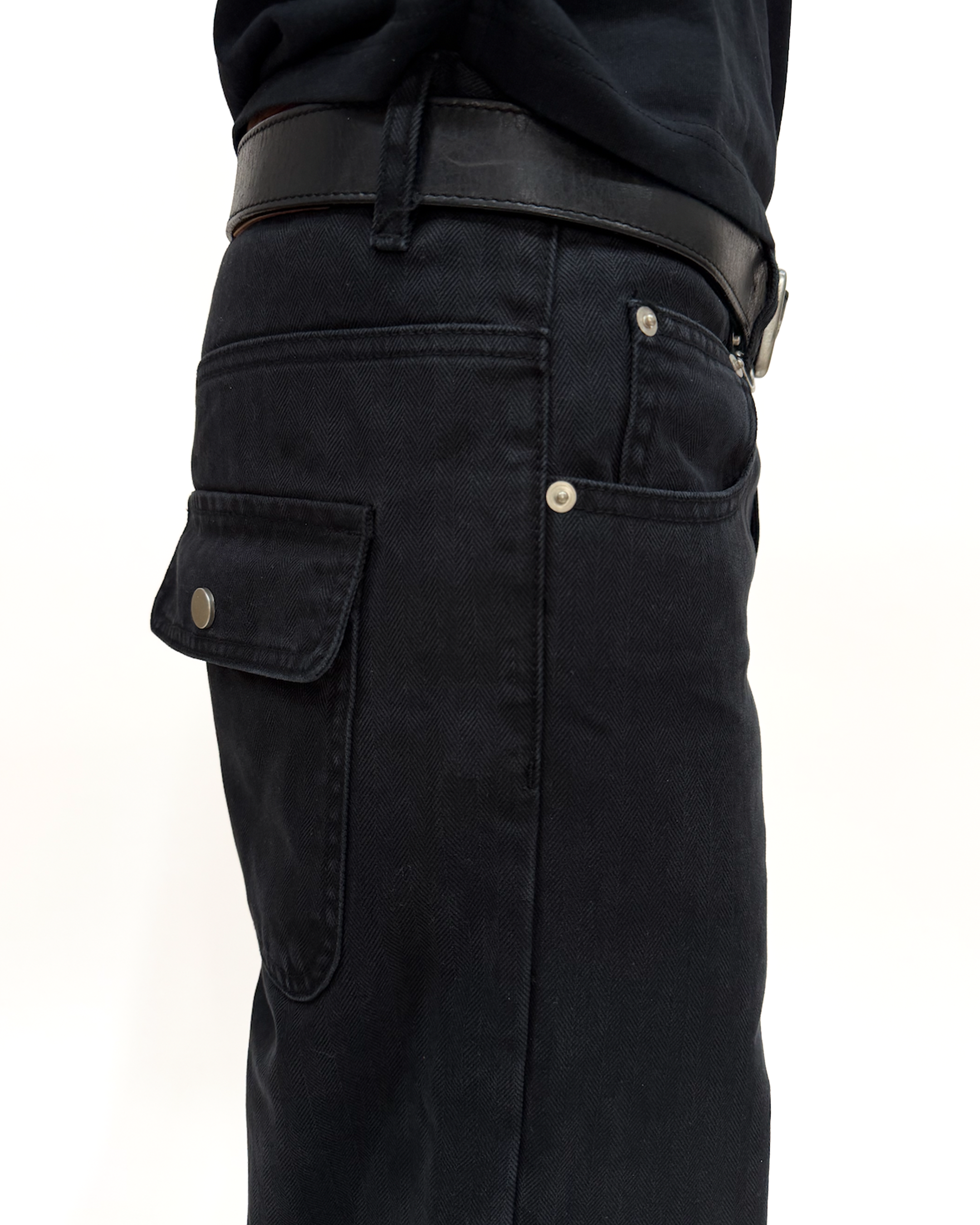 BLACK WASHED HERRINGBONE TWILL PANTS